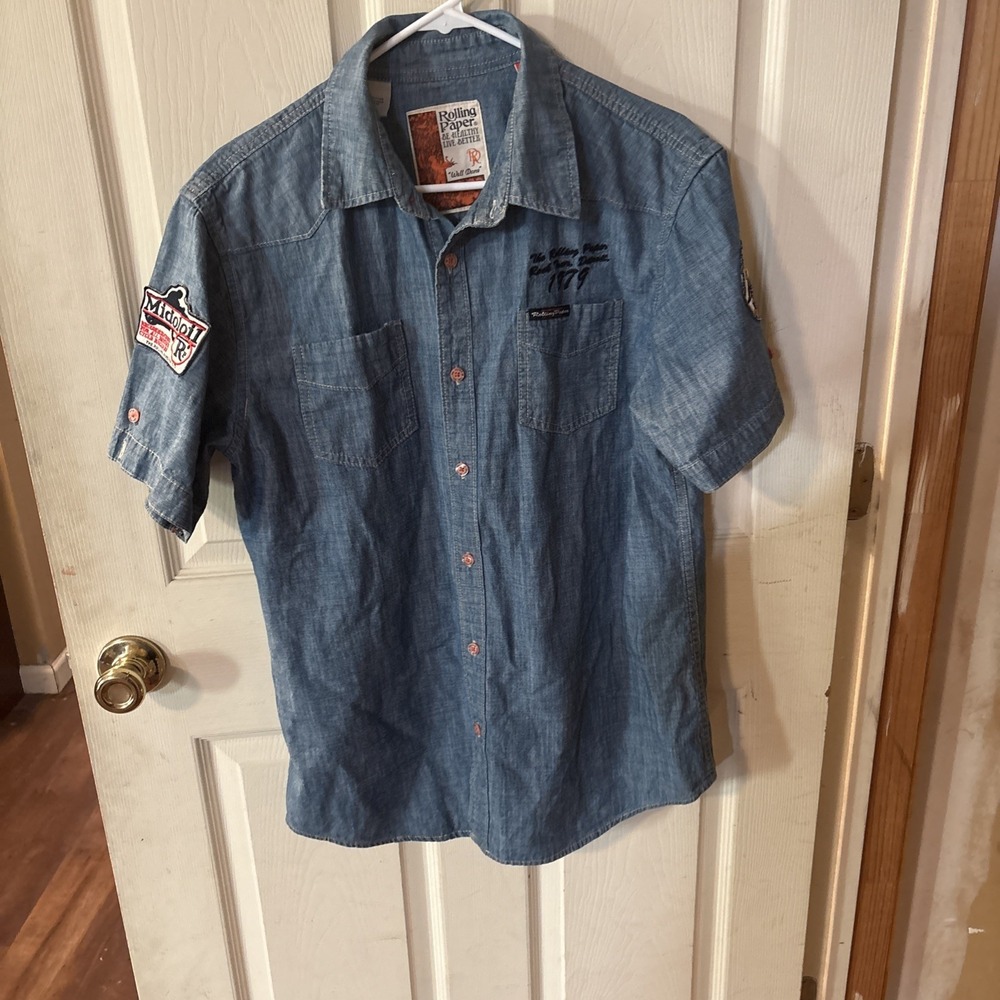 Rolling Paper Co Mens XL Ice Wash Denim Short Sleeve Button Up Western Shirt